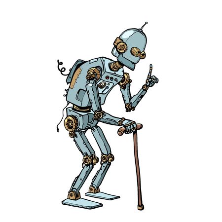 very old robot man with a stick. Pop art retro vector illustration drawingのイラスト素材