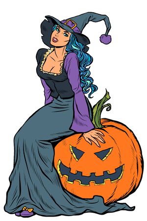 Halloween witch sitting on a pumpkinのイラスト素材