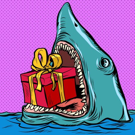 Shark with a gift box. Holiday shopping Christmas Valentines day birthdayのイラスト素材