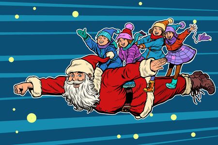 superhero Santa Claus with children. Christmas and New yearのイラスト素材