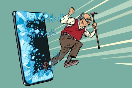old man retired grandfather Phone gadget smartphone. Online Internet application service programのイラスト素材