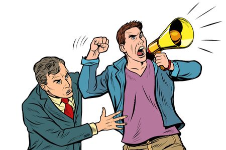 scared man in the street calms a protester with a megaphoneのイラスト素材