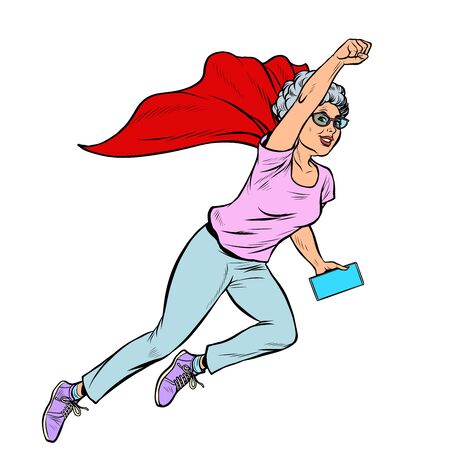 superhero flying active strong Woman grandmother pensioner elderly ladyのイラスト素材