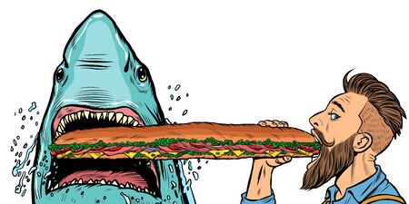 shark and man eating fast food sandwiches. Hunger and street food concept.のイラスト素材