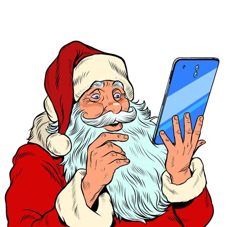 Santa Claus and a big smartphone. Electronic Christmas sales and orders in online stores. pop art retro vector illustration kitsch vintage drawing 50s 60sのイラスト素材