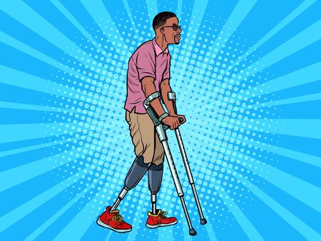 legless african veteran with a bionic prosthesis with crutches. a disabled man learns to walk after an injury. rehabilitation treatment and recovery. pop art retro vector illustration kitsch vintage drawing 50s 60sのイラスト素材