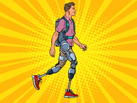 exoskeleton for the disabled. A man legless veteran walks. rehabilitation treatment recovery. science and technology. pop art retro vector illustration kitsch vintage drawing 50s 60sのイラスト素材