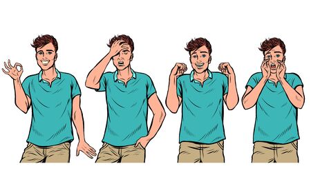 young man gestures set. Pop art retro vector illustration drawing vintage kitschのイラスト素材