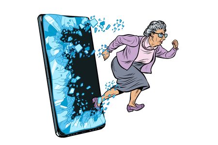 female retired lady and new technology concept. grandmother punches the screen of the smartphone and goes onlineのイラスト素材
