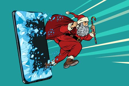 Christmas online sales concept. Santa Claus comes out of the smartphoneのイラスト素材