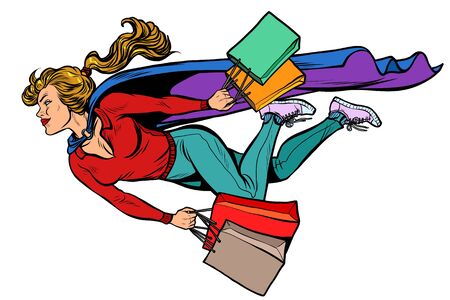 superhero woman flying with shopping. sales and discounts in stores. pop art retro vector illustration kitsch vintage drawing 50s 60sのイラスト素材