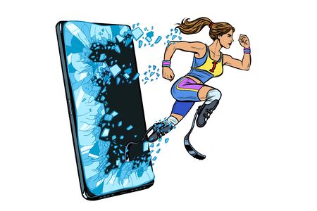 woman runner disabled leg with prosthesis Phone gadget smartphone. Online Internet application service program. Pop art retro vector illustration drawing vintage kitschのイラスト素材