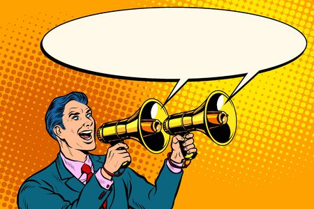 businessman with a megaphone. announcement advertising. Pop art retro vector illustration kitsch vintage drawingのイラスト素材