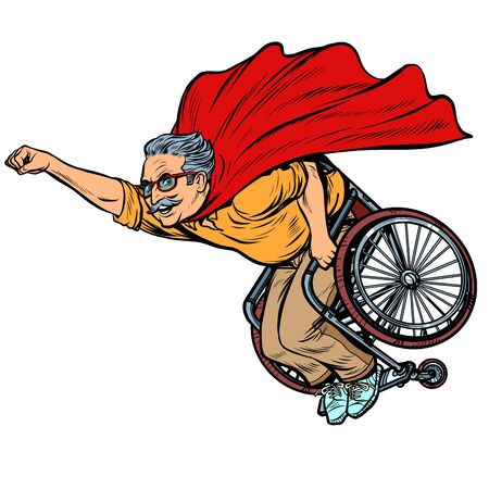 man retired superhero disabled in a wheelchair. Health and longevity of older people. Pop art retro vector illustration drawing vintage kitschのイラスト素材