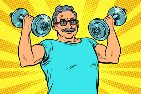 elderly man lifts dumbbells, fitness sport. Pop art retro vector illustration drawing vintage kitschのイラスト素材