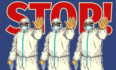 Stop doctor quarantine.   art retro vector illustration 50s 60s style