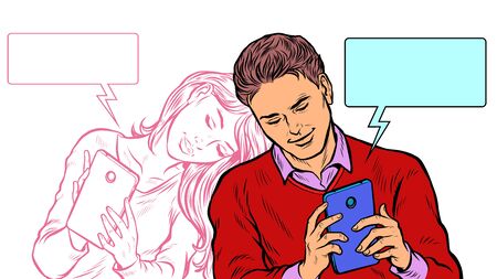 A couple in love, a young man and a girl are chatting on social networks by phone. Pop art retro vector illustration 50s 60s styleのイラスト素材