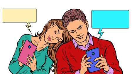 A couple in love, a young man and a girl are chatting on social networks by phone. Pop art retro vector illustration 50s 60s styleのイラスト素材