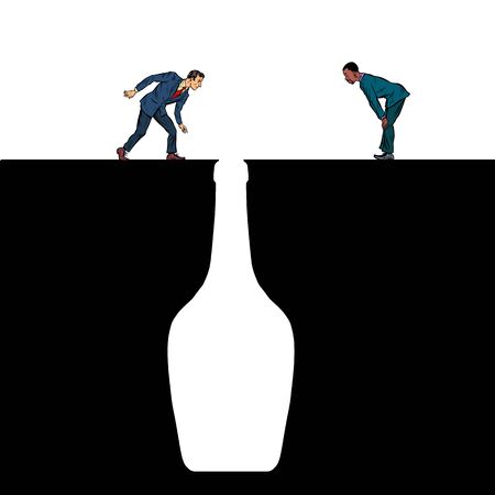 Alcoholics look into the bottle. Bottle of wine. Pit silhouette. Pop art retro vector illustration 50s 60s styleのイラスト素材