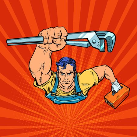 A repairman with an adjustable wrench rushes to the rescue. Pop art retro vector illustration 50s 60s styleのイラスト素材