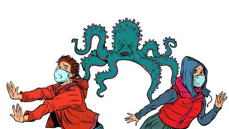 people are afraid of an epidemic. pandemic epidemic coronavirus covid19. Pop art retro vector illustration vintage kitsch 50s 60s styleのイラスト素材