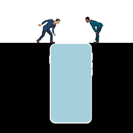 smartphone gadget Internet addiction. People on the edge of a precipice. Pit silhouette. Pop art retro vector illustration 50s 60s styleのイラスト素材