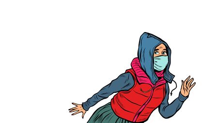 a woman in a medical mask, panic. pandemic epidemic coronavirus virus covid19. Pop art retro vector illustration vintage kitsch 50s 60s styleのイラスト素材