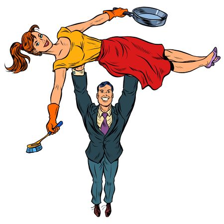 Husband is a businessman and wife is a housewife. Gender stereotypes. Pop art retro vector illustration kitsch vintage 50s 60sのイラスト素材