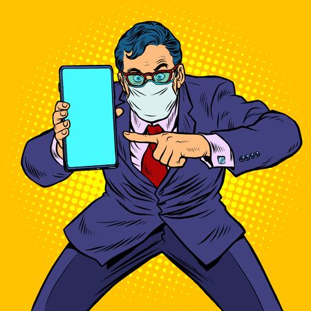businessman in quarantine recommends online communication. Pop art retro vector illustration kitsch vintage 50s 60s styleのイラスト素材