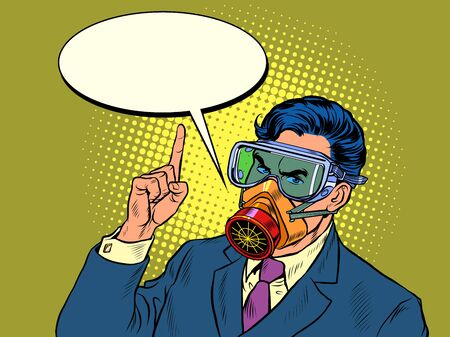 Quarantine epidemic. A politician or businessman warns of danger. stay at home. Full face protective mask. Pop art retro vector illustration kitsch vintage 50s 60s styleのイラスト素材