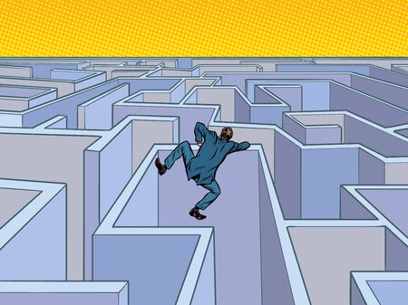 A businessman tries to pass a maze. Pop art retro vector illustration kitsch vintage 50s 60s styleのイラスト素材