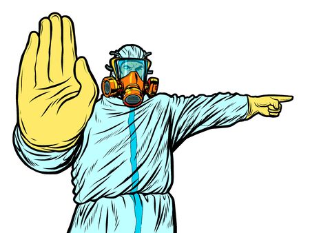 Medic quarantine stop protection suit. Pop art retro vector illustration kitsch vintage 50s 60s styleのイラスト素材