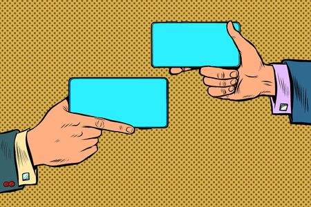 Duel business negotiations. business online communication smartphone. Pop art retro vector illustration kitsch vintage 50s 60s styleのイラスト素材