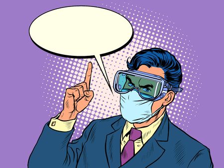 Stay at home. Quarantine warning policy. A politician in a medical mask. Pop art retro vector illustration kitsch vintage 50s 60s styleのイラスト素材