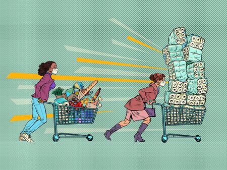 panic epidemic masked women in a supermarket. Pop art retro vector illustration kitsch vintage 50s 60s styleのイラスト素材
