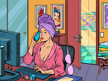 woman work at home freelance epidemic self isolation quarantine. Pop art retro vector illustration kitsch vintage 50s 60s styleのイラスト素材