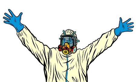 Medic quarantine stop protection suit. Pop art retro vector illustration kitsch vintage 50s 60s styleのイラスト素材