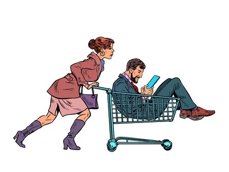 Woman with a man in a shopping cart in a supermarket. Pop art retro vector illustration kitsch vintage 50s 60s styleのイラスト素材