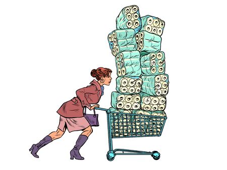 Woman bought toilet paper, panic coronavirus. Pop art retro vector illustration kitsch vintage 50s 60s styleのイラスト素材