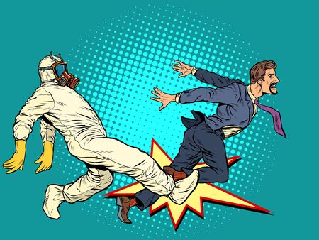 violator of isolation mode, doctors catch the patient. doctors in protective suits pandemic. Pop art retro vector illustration kitsch vintage 50s 60s styleのイラスト素材