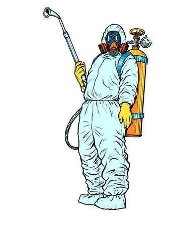 disinfection suit protection epidemic virus bacterium infection. Pop art retro vector illustration kitsch vintage 50s 60s styleのイラスト素材