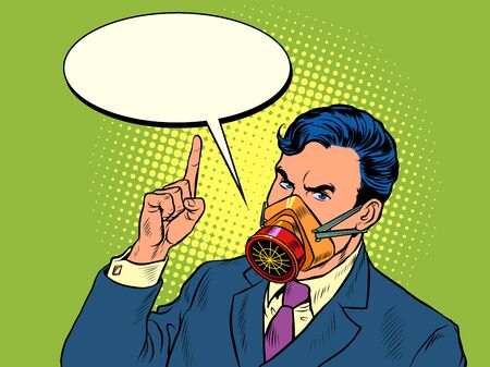 Quarantine epidemic. A politician or businessman warns of danger. stay at home. Full face protective mask. Pop art retro vector illustration kitsch vintage 50s 60s styleのイラスト素材