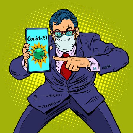 businessman panic coronavirus online information. Pop art retro vector illustration kitsch vintage 50s 60s styleのイラスト素材