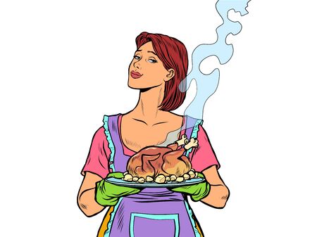 Woman with ready fried poultry chicken duck. Isolate on a white background. Pop art retro vector illustration kitsch vintage 50s 60s styleのイラスト素材
