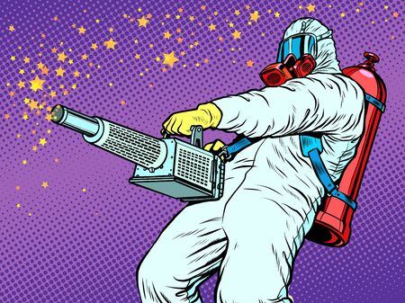 disinfection suit protection epidemic virus bacterium infection. Pop art retro vector illustration kitsch vintage 50s 60s styleのイラスト素材