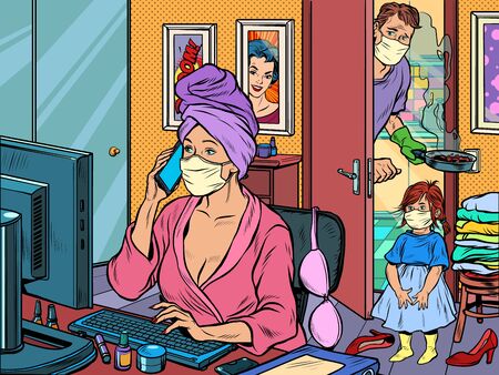 woman work at home freelance epidemic self isolation quarantine. Pop art retro vector illustration kitsch vintage 50s 60s styleのイラスト素材