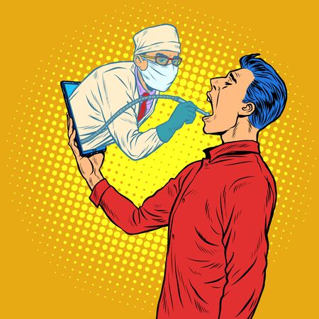 remote work online help. dentist drills a tooth. Pop art retro vector illustration kitsch vintage 50s 60s styleのイラスト素材