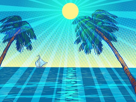 sun beach resort palm trees sea. Pop art retro vector illustration vintage kitsch 50s 60s styleのイラスト素材