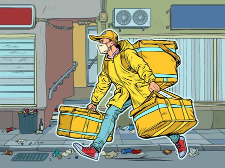 city street. courier in a medical mask. food delivery during the epidemicのイラスト素材