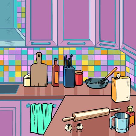 Home kitchen room background. Pop art retro vector illustration 50s 60s styleのイラスト素材